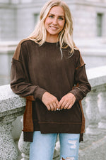 Ribbed Exposed Seam Dropped Shoulder Blouse - Ladyez