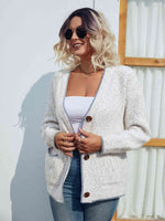 Button Down V-Neck Cardigan with Pockets - Ladyez