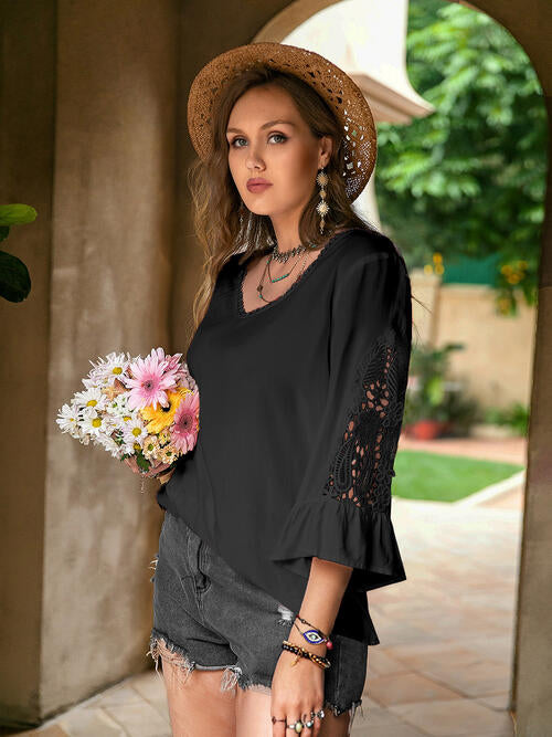 Double Take Plus Size Flower Crochet Flare Sleeve Top - Ladyez
