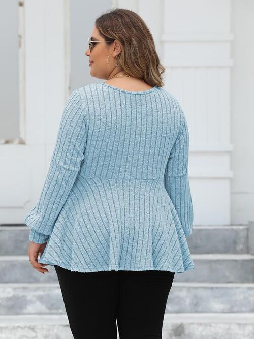 Plus Size Ribbed V-Neck Long Sleeve Blouse - Ladyez