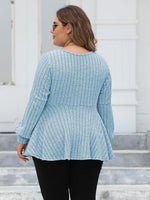 Plus Size Ribbed V-Neck Long Sleeve Blouse - Ladyez