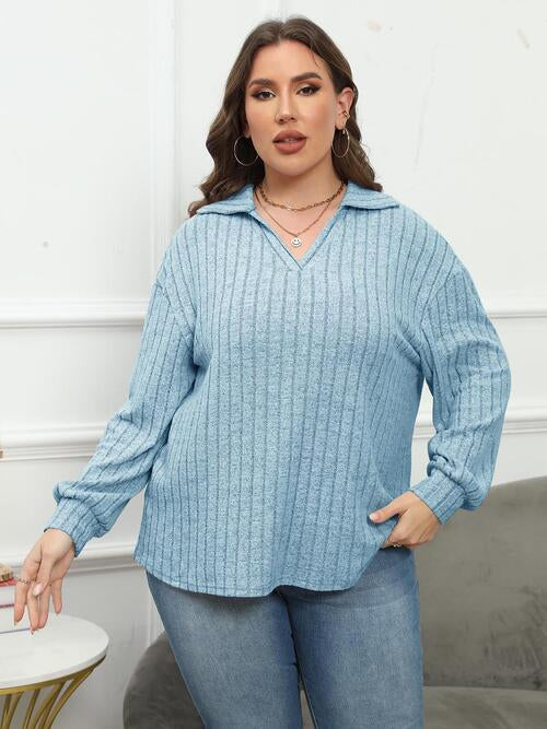 Plus Size Ribbed Collared Neck Long Sleeve Blouse - Ladyez