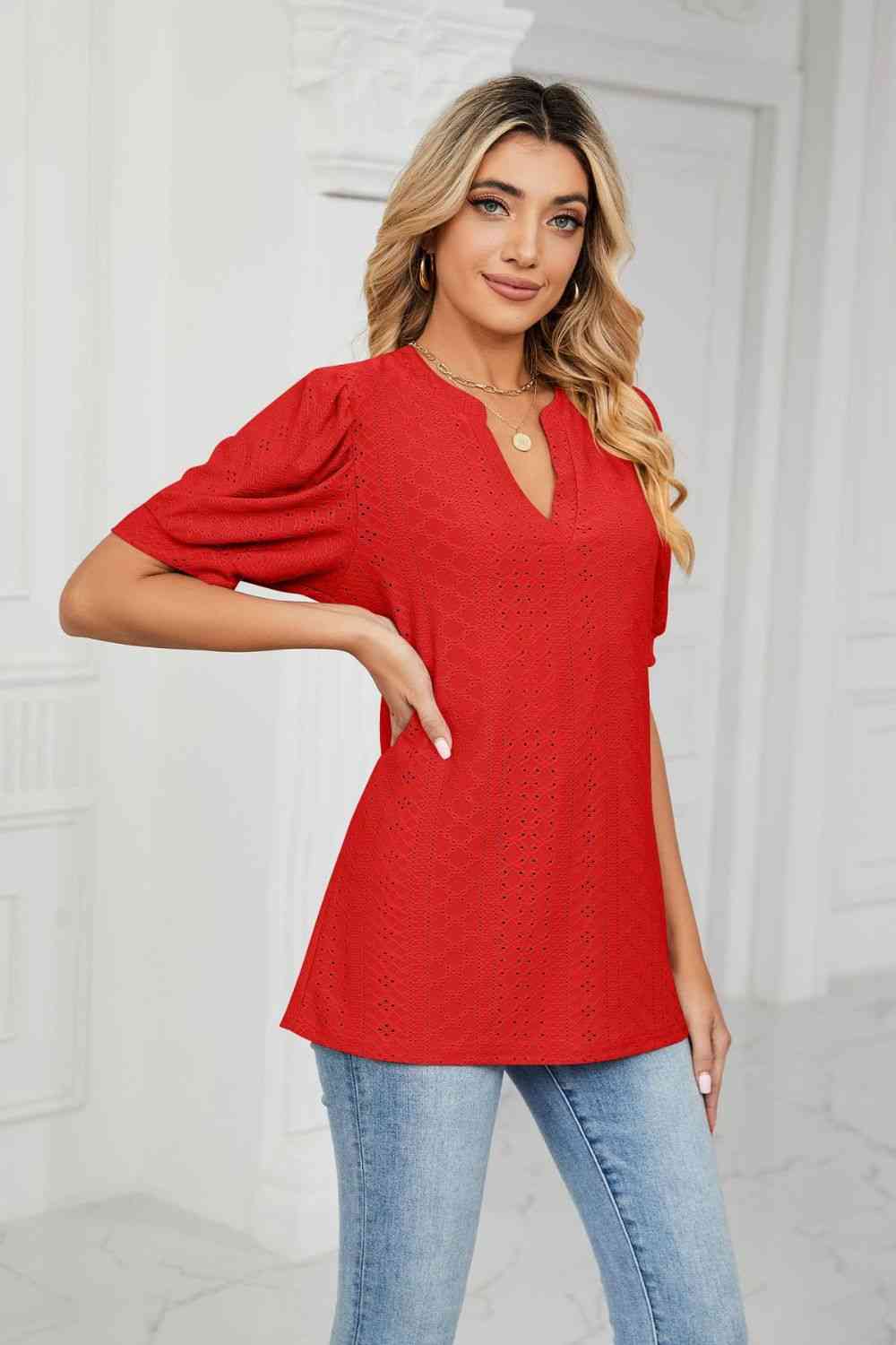 Eyelet Short Puff Sleeve Notched Neck Top - Ladyez