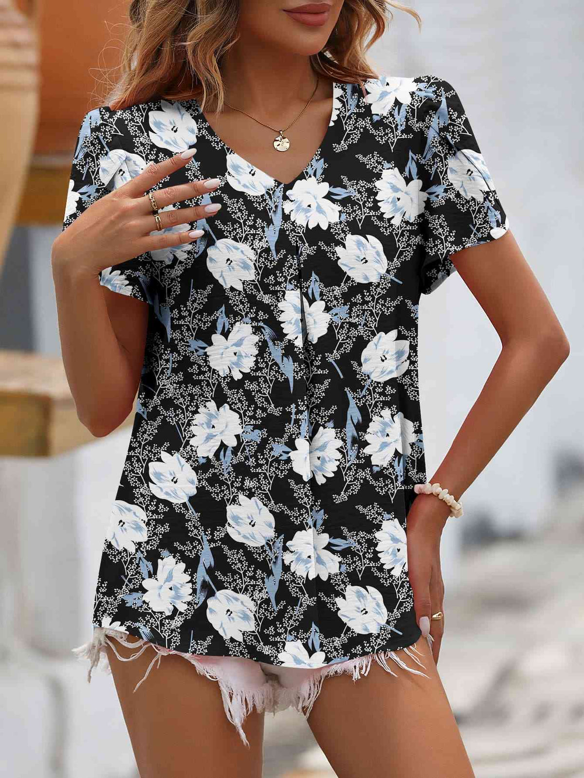 Ruche V-Neck Petal Sleeve Top - Ladyez