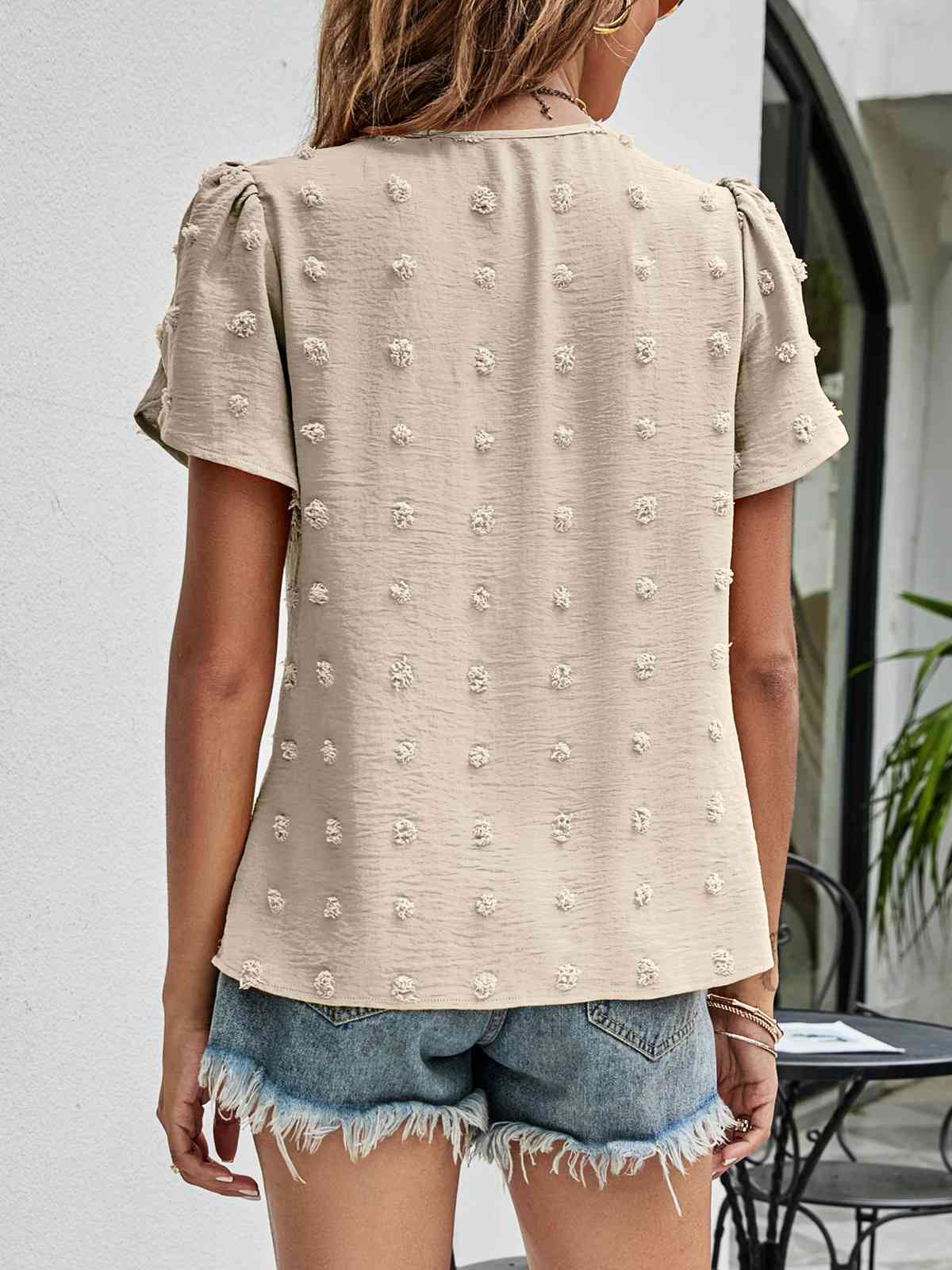 Swiss Dot Round Neck Petal Sleeve Top - Ladyez