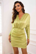 Open Back Ruched Long Sleeve Dress - Ladyez