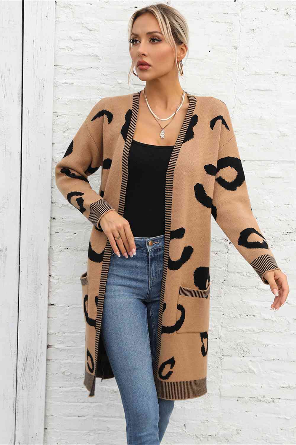 Printed Long Sleeve Cardigan with Pockets - Ladyez