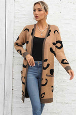 Printed Long Sleeve Cardigan with Pockets - Ladyez