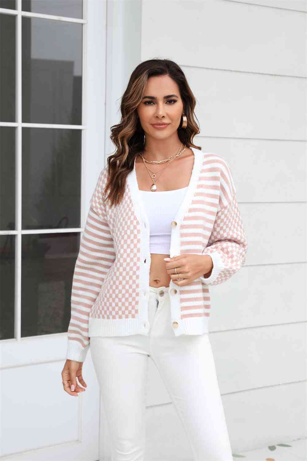 Button-Down Stripe & Plaid Contrast Pattern Cardigan - Ladyez