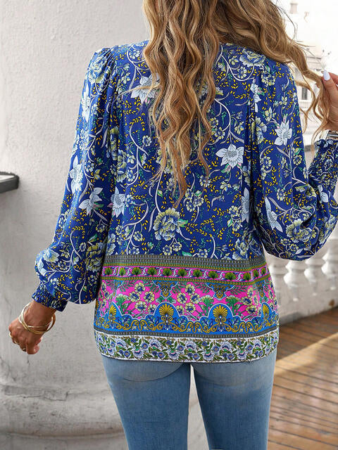 Bohemian Tie Neck Lantern Sleeve Blouse - Ladyez