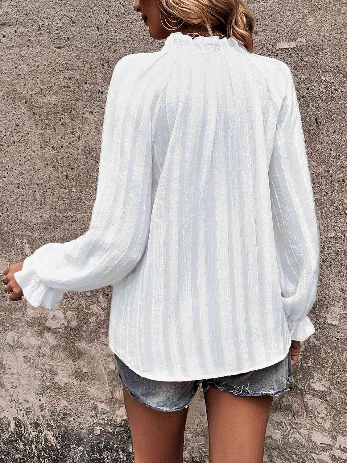 Notched Neck Flounce Sleeve Shirt - Ladyez