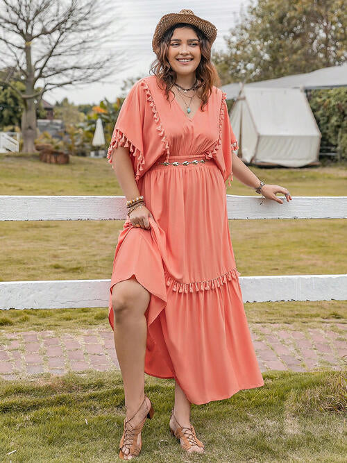 Plus Size Tassel Trim V-Neck Short Sleeve Ruffle Hem Dress - Ladyez