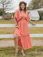 Plus Size Tassel Trim V-Neck Short Sleeve Ruffle Hem Dress - Ladyez