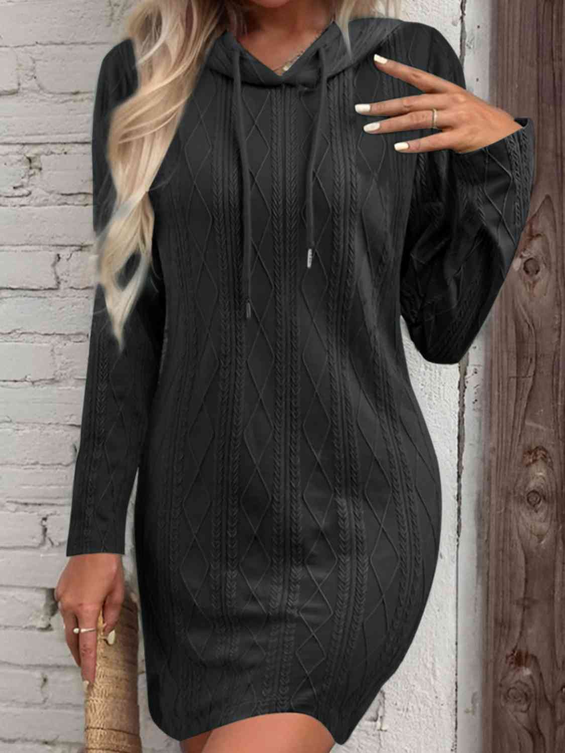 Drawstring Hooded Sweater Dress - Ladyez