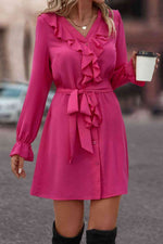 Ruffled Flounce Sleeve V-Neck Belted Dress - Ladyez
