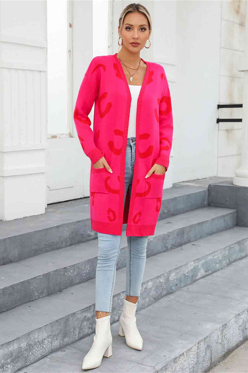 Printed Long Sleeve Cardigan with Pockets - Ladyez