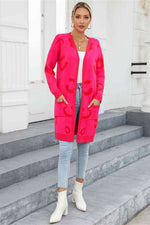 Printed Long Sleeve Cardigan with Pockets - Ladyez