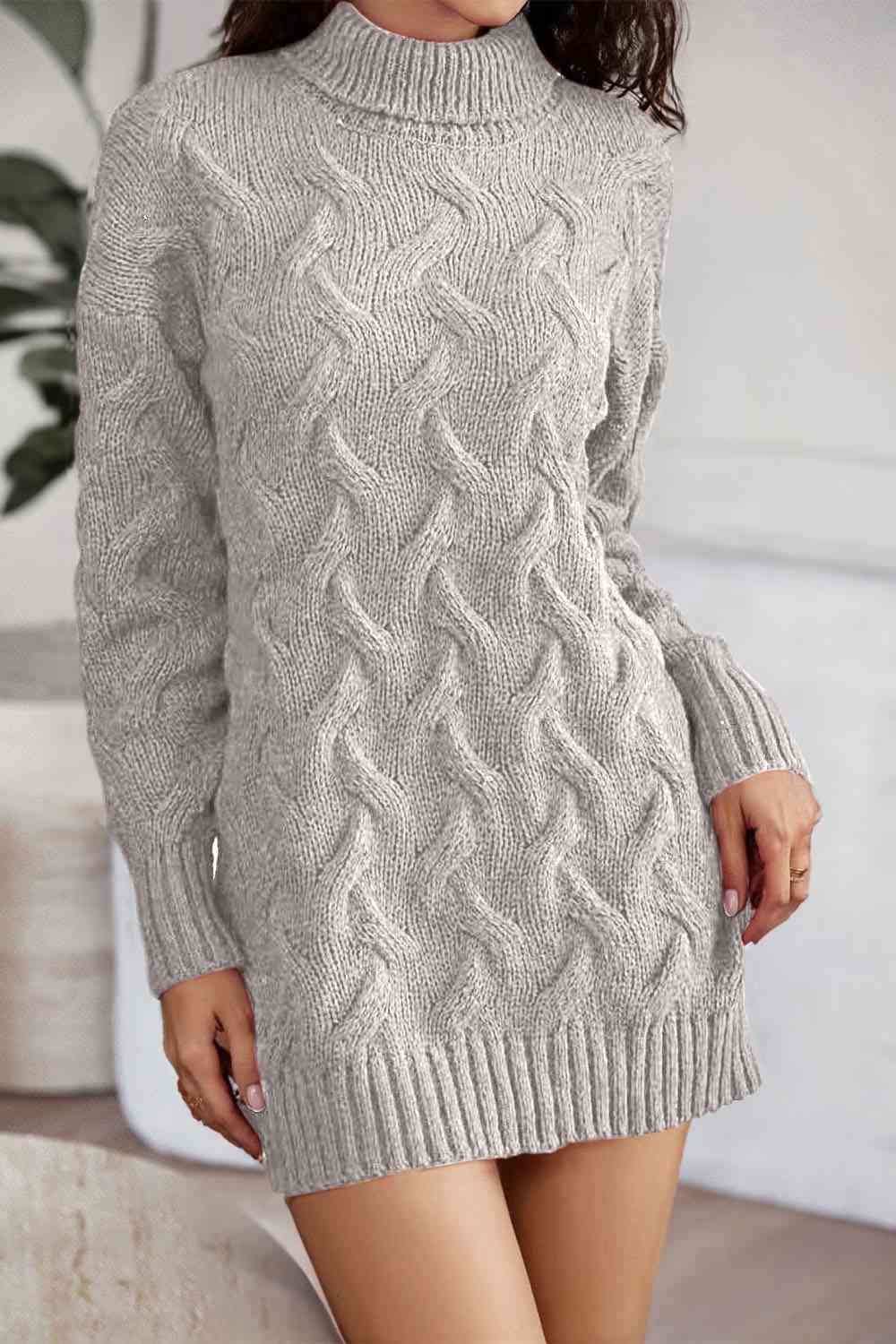 Cable-Knit Turtleneck Sweater Dress - Ladyez