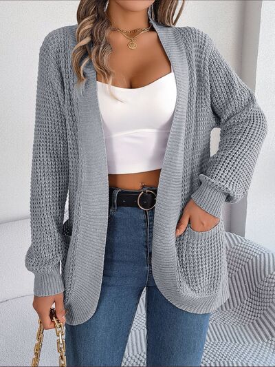 Open Front Long Sleeve Cardigan with Pockets - Ladyez