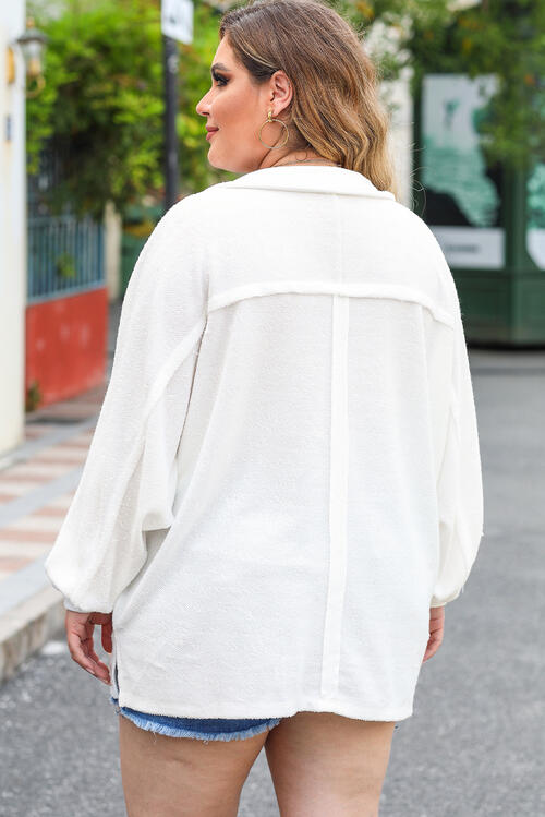 Plus Size Half Button Collared Neck Long Sleeve Blouse - Ladyez