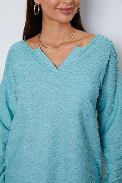 Texture Notched Drop Shoulder Top - Ladyez