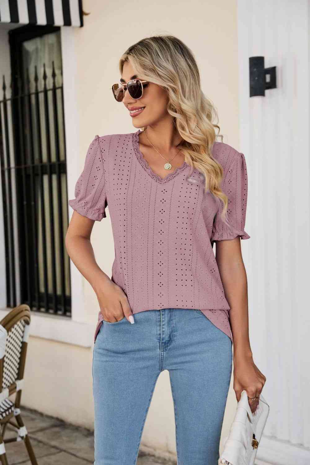Eyelet Flounce Sleeve Scalloped V-Neck Top - Ladyez