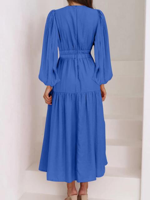 Deep V-Neck Balloon Sleeve Plain Maxi Dress - Ladyez