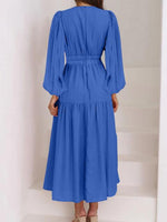 Deep V-Neck Balloon Sleeve Plain Maxi Dress - Ladyez