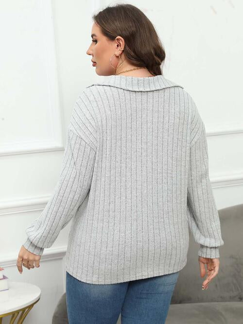 Plus Size Ribbed Collared Neck Long Sleeve Blouse - Ladyez