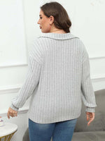Plus Size Ribbed Collared Neck Long Sleeve Blouse - Ladyez