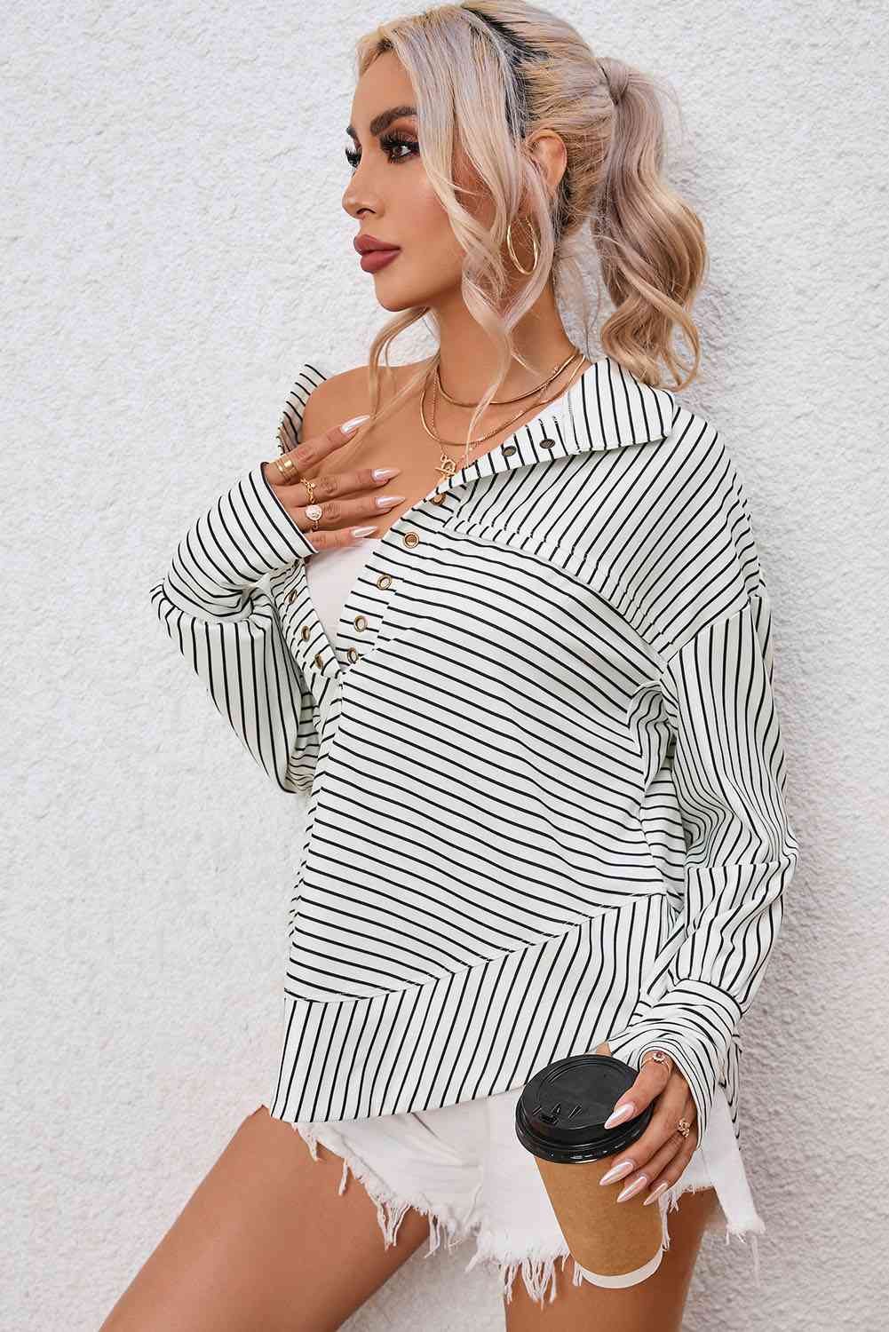 Full Size Striped Collared Top - Ladyez