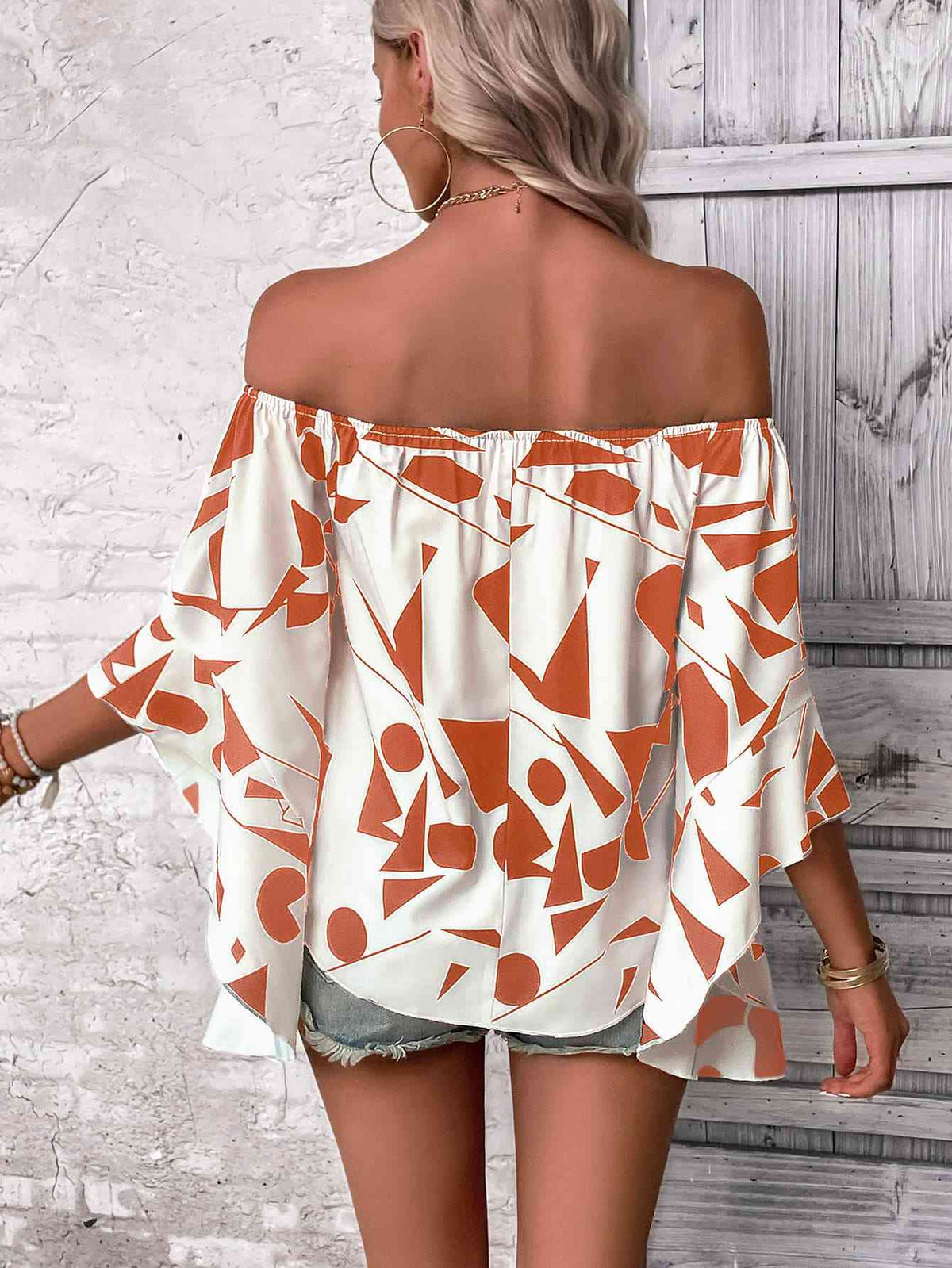 Printed Off-Shoulder Bell Sleeve Blouse - Ladyez