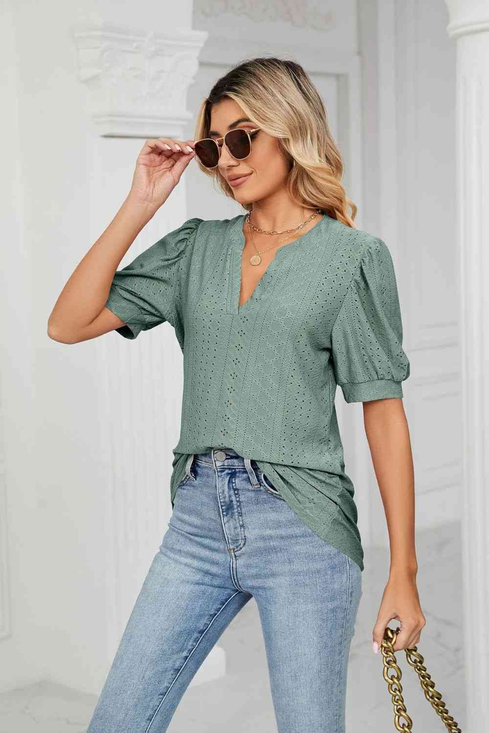 Eyelet Short Puff Sleeve Notched Neck Top - Ladyez