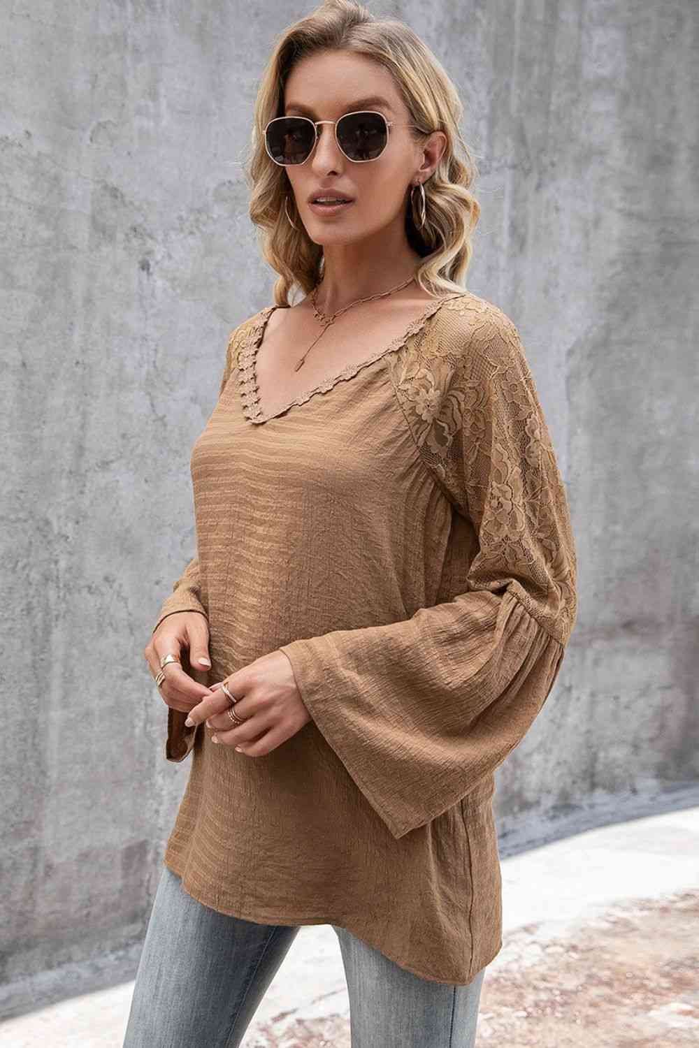 V-Neck Spliced Lace Flare Sleeve Top - Ladyez
