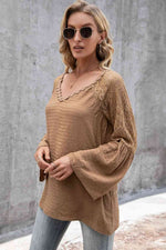 V-Neck Spliced Lace Flare Sleeve Top - Ladyez