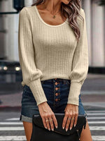 Ribbed Round Neck Lantern Sleeve Knit Top - Ladyez