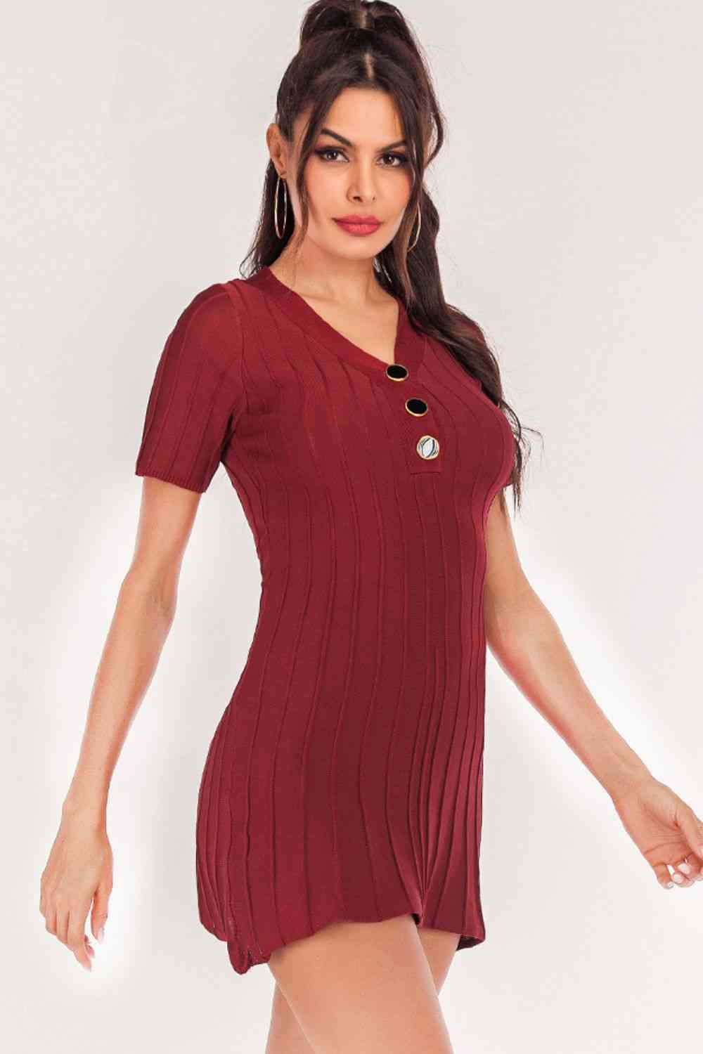 Buttoned Short Sleeve V-Neck Knit Dress - Ladyez