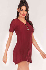 Buttoned Short Sleeve V-Neck Knit Dress - Ladyez