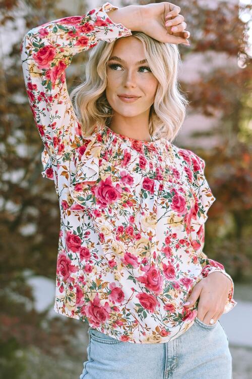 Floral Round Neck Smocked Blouse - Ladyez