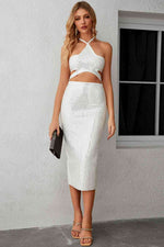 Rhinestone Cutout Halter Neck Slit Dress - Ladyez