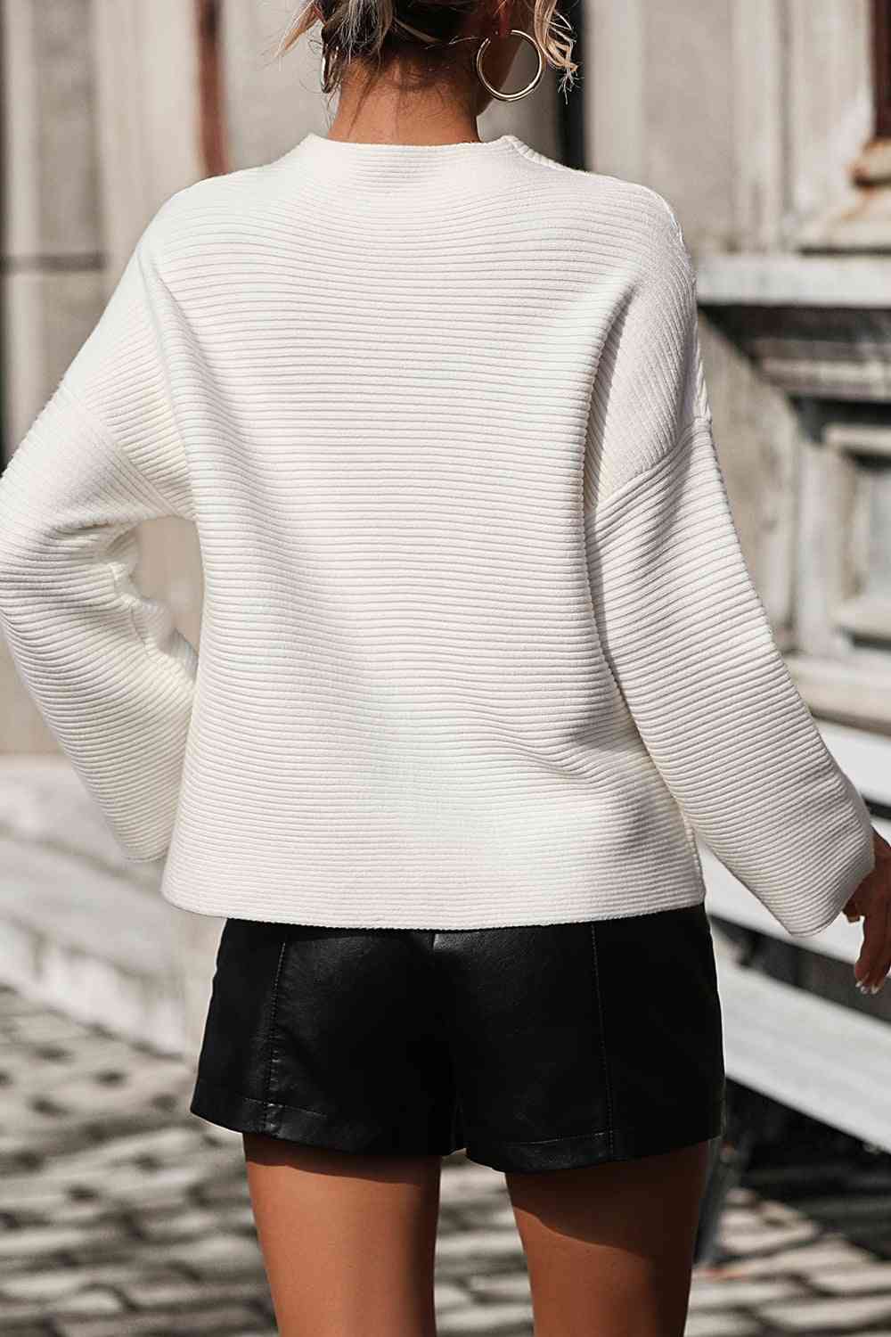 Mock Neck Dropped Shoulder Pullover Sweater - Ladyez