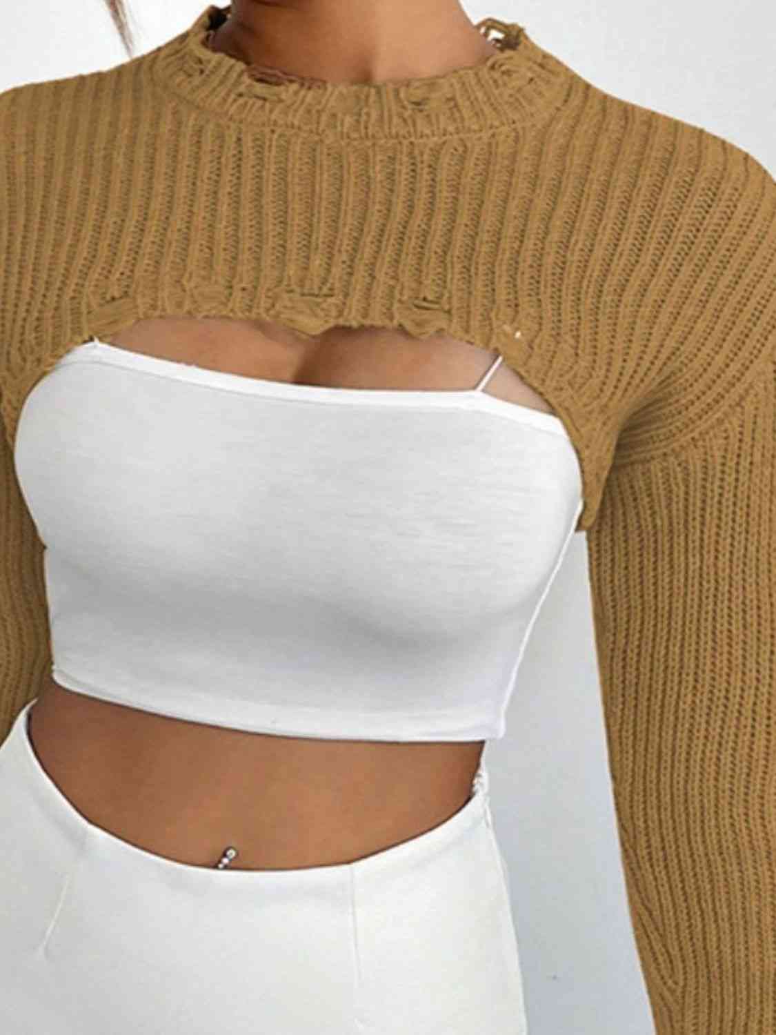 Distressed Long Sleeve Cropped Sweater - Ladyez