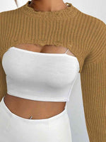 Distressed Long Sleeve Cropped Sweater - Ladyez