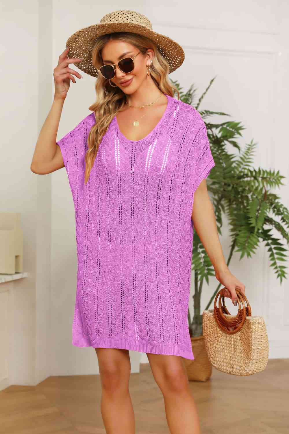 Openwork Side Slit Knit Dress - Ladyez