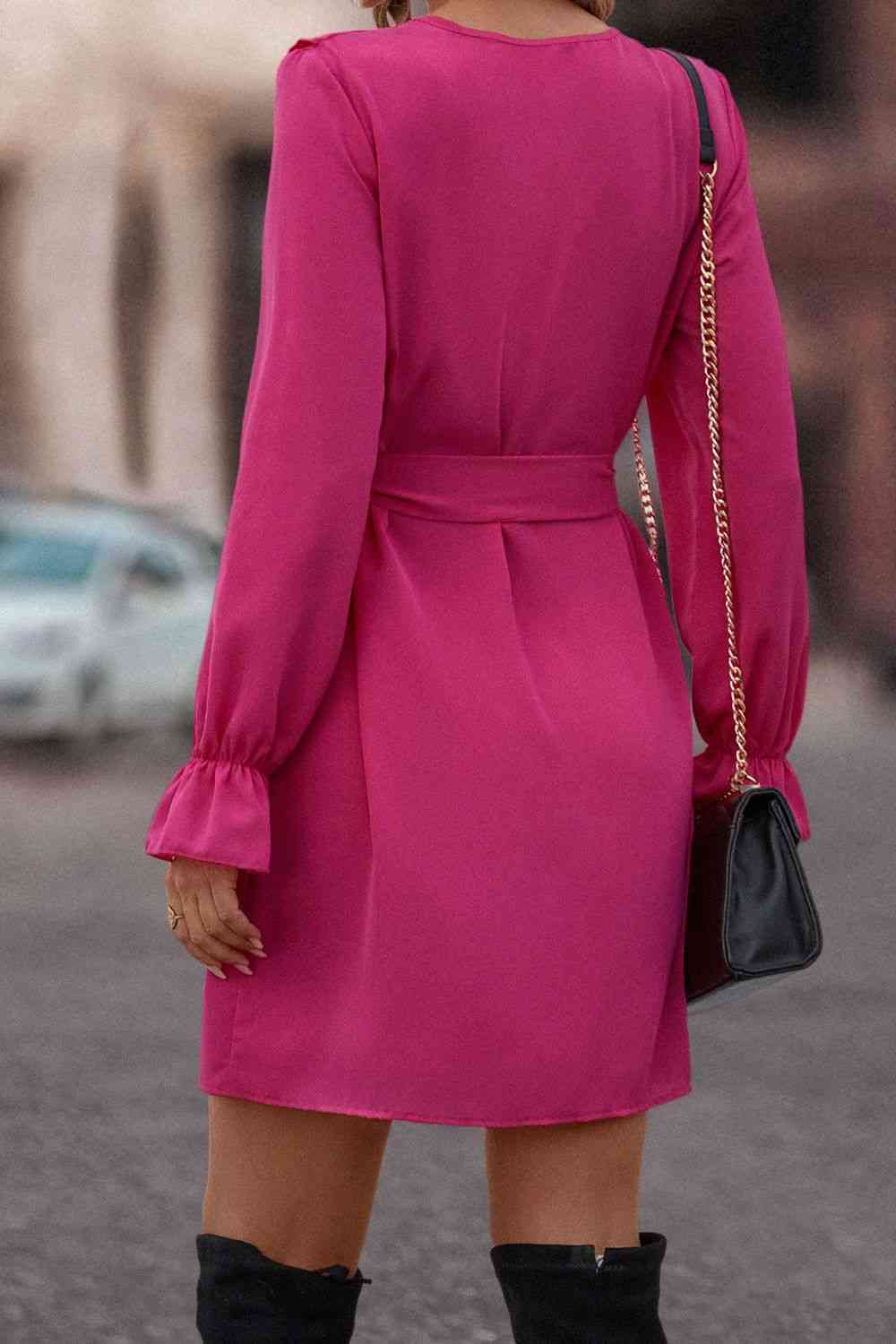 Ruffled Flounce Sleeve V-Neck Belted Dress - Ladyez