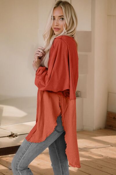 Contrast Texture Round Neck Long Sleeve Blouse - Ladyez