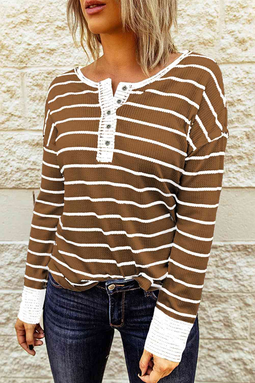Striped Waffle Knit Henley Long Sleeve Top - Ladyez