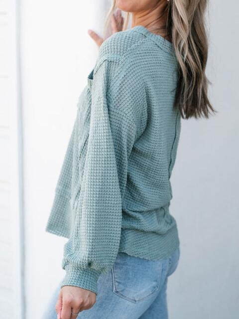 Waffle-Knit V-Neck Blouse with Breast Pocket - Ladyez