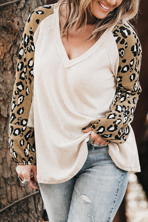 Plus Size Leopard V-Neck Raglan Sleeve Blouse - Ladyez