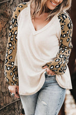 Plus Size Leopard V-Neck Raglan Sleeve Blouse - Ladyez